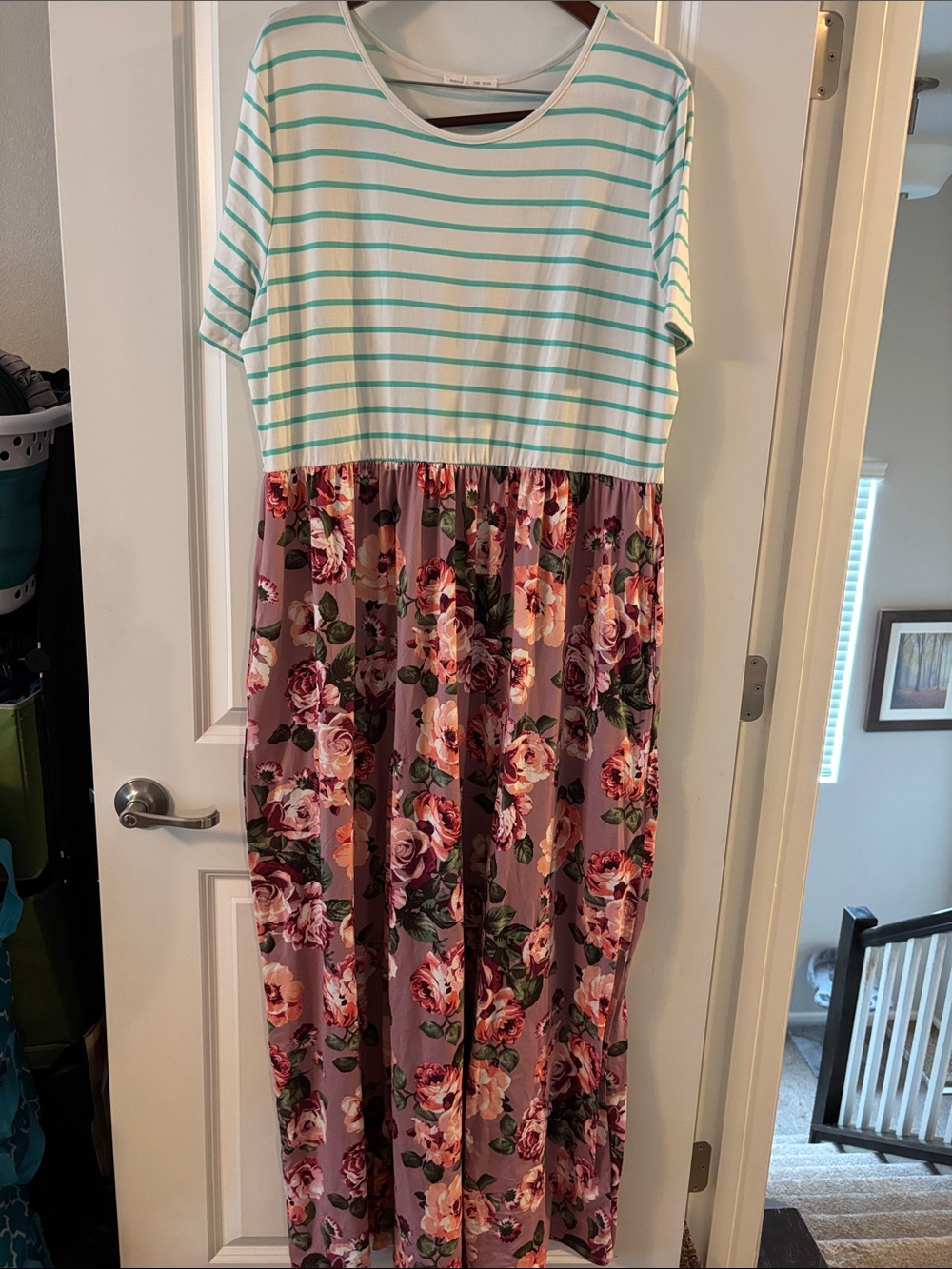 Reborn J White & Mint Striped Top with Mauve Floral Maxi Dress